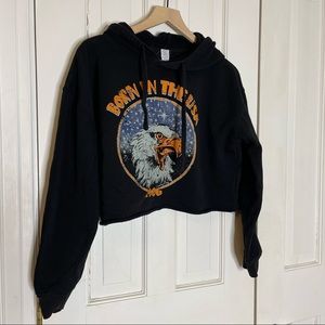 Country deep born in the usa cropped graphic sweatshirt hoodie raw hem
